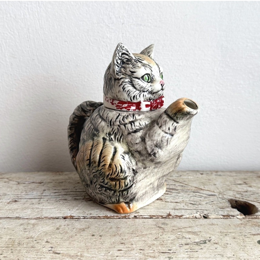 Vintage Japanese Hand Painted Ceramic Cat Teapot Grey Tabby Red Collar